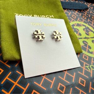 NWT! Tory Burch logo stud earrings in double gold: gold and silver tones